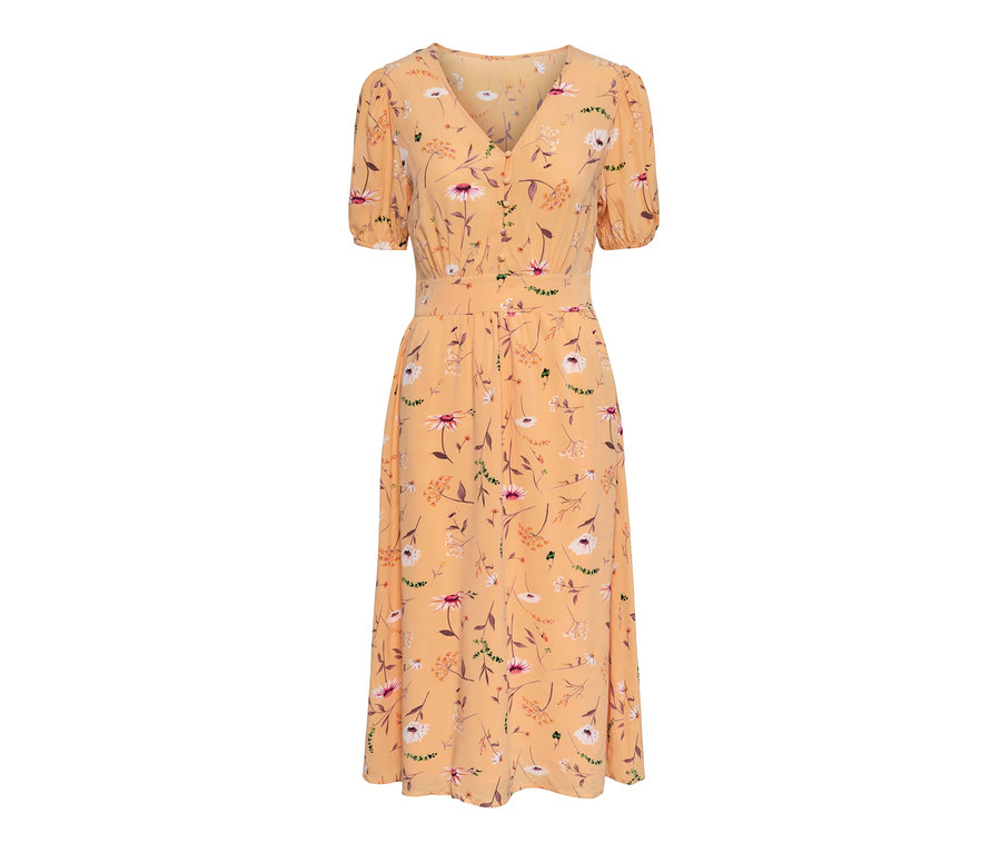 Pfirsichfarbenes Kleid mit Blumenprint.