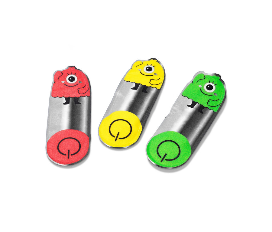 Drei LED-Magnet-Lichter »Monster« in Rot, Gelb und Grün.