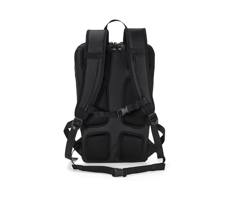 Schwarzer Fahrrad-Rucksack von hinten.