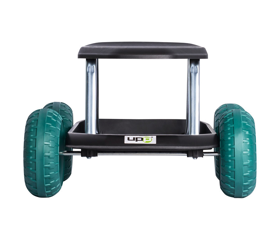 Nahaufnahme eines grünen Rollsitz-Gartenwagen.