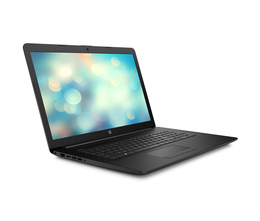 Ein schwarzes HP-Notebook mit einem Bildschirm, der einen abstrakten Hintergrund anzeigt.