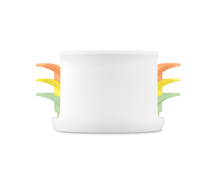 Detailansicht eines 3-in-1-Ei-und-Mozzarellaschneiders mit orangefarbenen, gelben und grünen Teilen.