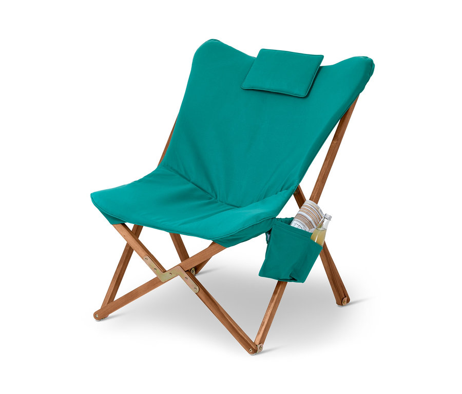 Petrolfarbener Outdoor-Loungechair-Relaxsessel mit Holzgestell und Seitentasche.