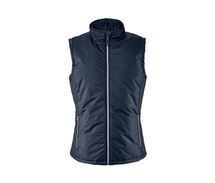 Eine dunkelblaue Damen-Reitweste mit recyceltem Material.