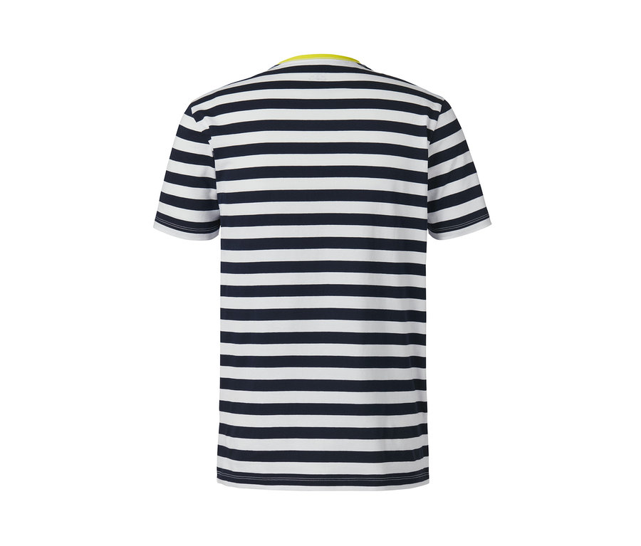 Rückansicht eines 2 T-Shirts mit Rundhals-Ausschnitts mit marineblau-weißem Streifenmuster.