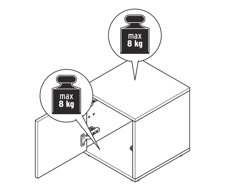 Eine Zeichnung eines Flemming Regalmoduls mit geöffneter Tür und einem maximalen Gewicht von 8 kg.