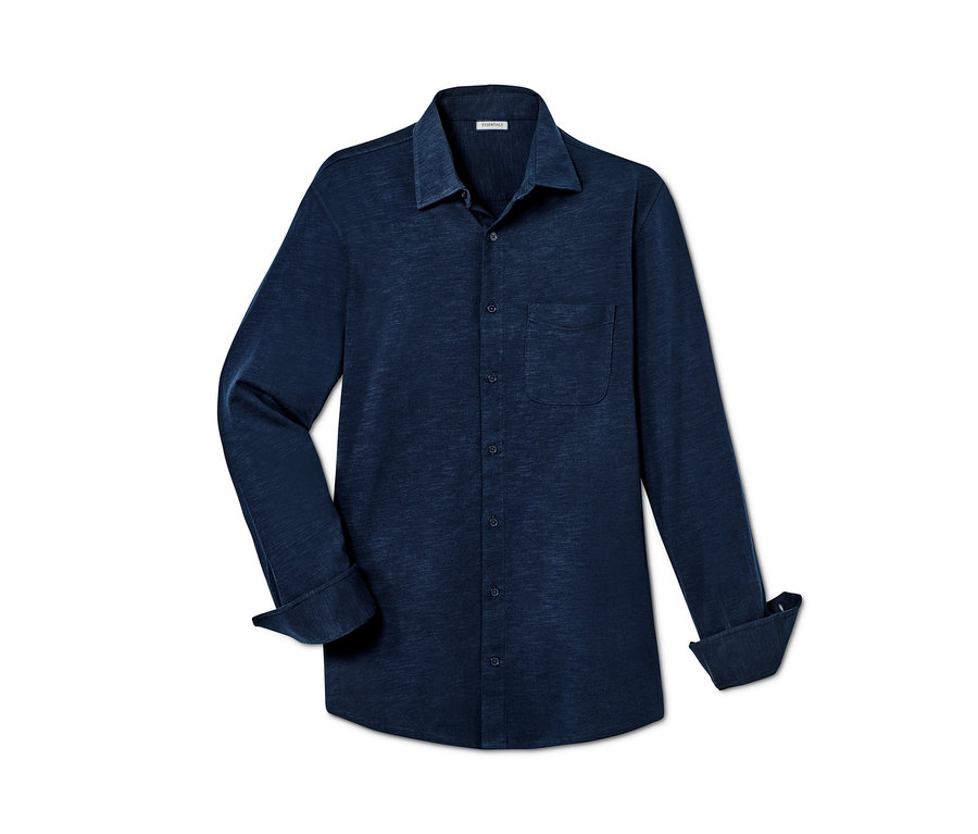 Dunkelblaues Jersey-Hemd mit langen Ärmeln und Knopfleiste.