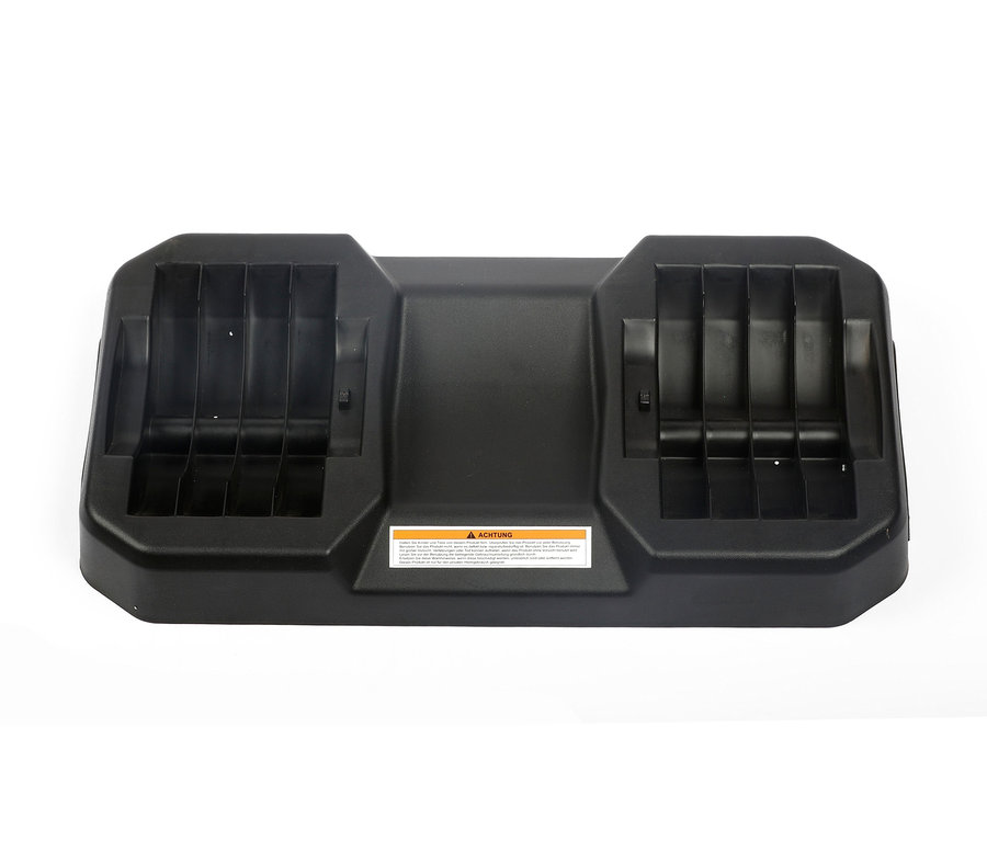 Schwarzer Kunststoffständer für Hanteln mit Warnhinweis.