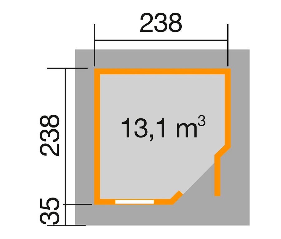 Grundriss des WEKA Gartenhauses mit Eck-Eingang, 28 mm (213), graphitgrau.