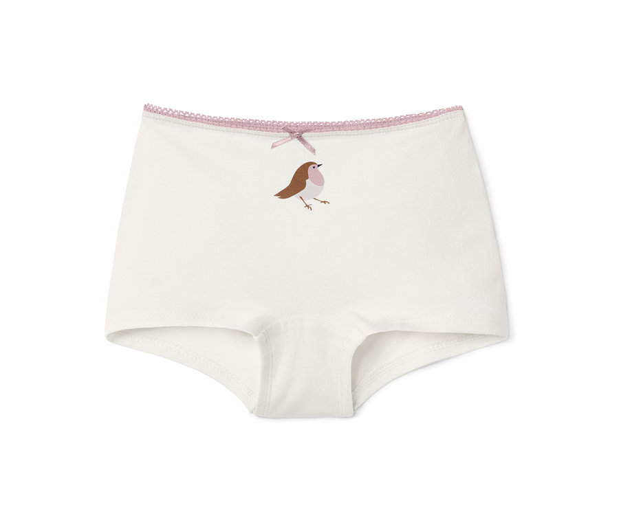 Weiße Mädchen-Pantys mit Vogel-Applikation und rosa Schleife.