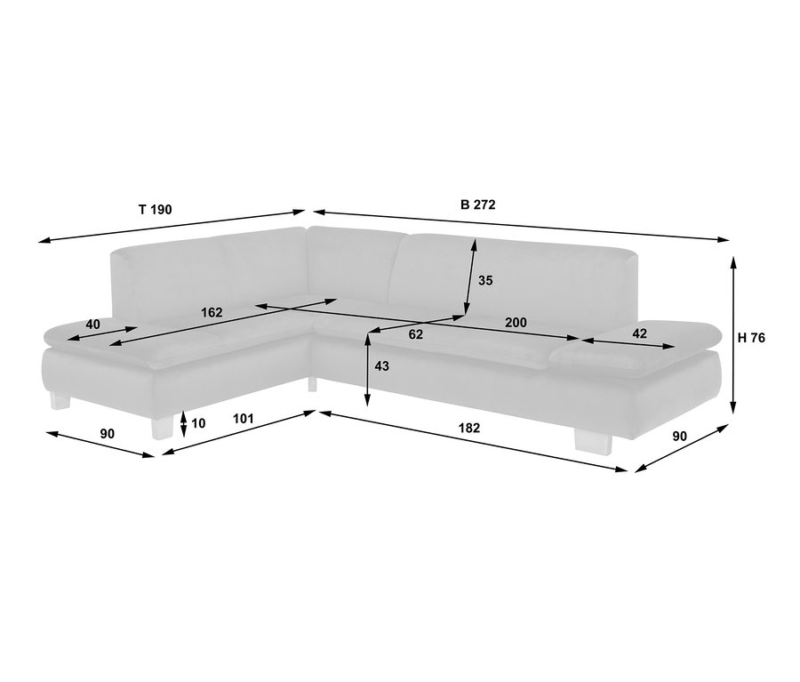 Abmessungen des grauen 2,5-Sitzer Sofas mit Ecksofa »Tampere«, graphit, links.