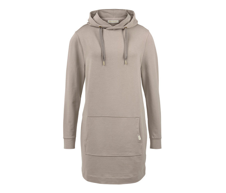 Ein beiges Loungewear-Kleid mit Kapuze und langen Ärmeln.
