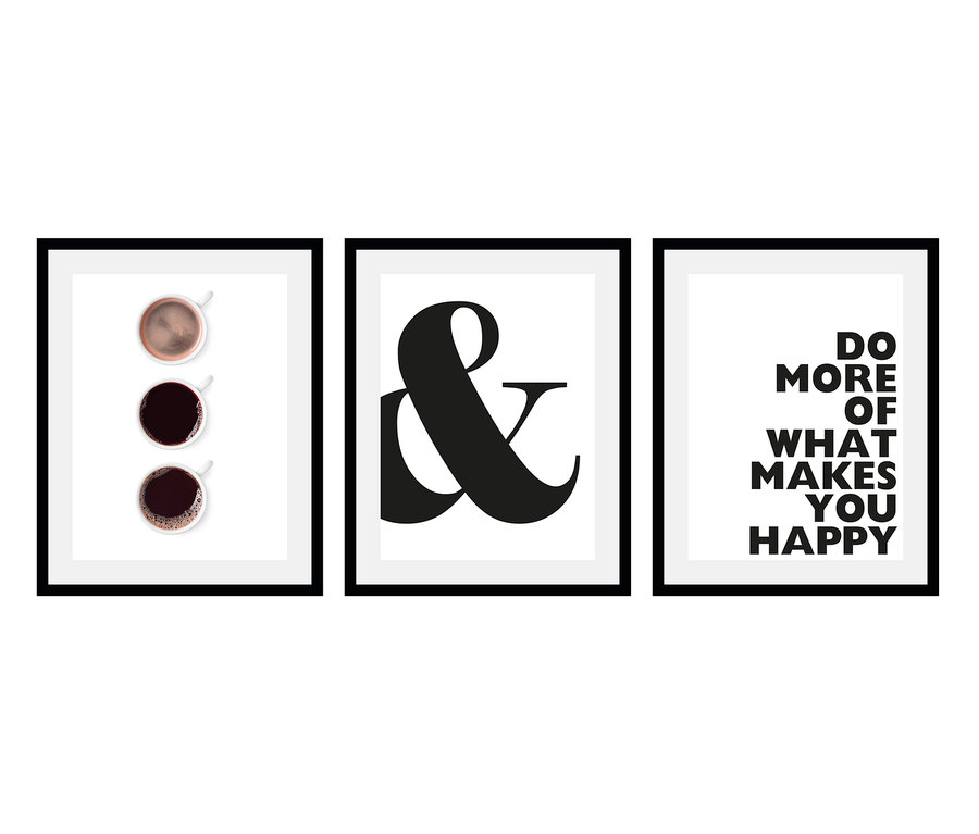 Drei gerahmte Bilder hängen nebeneinander. Das erste zeigt drei Tassen Kaffee, das zweite ein &-Zeichen und das dritte den Text „Tu mehr von dem, was dich glücklich macht“.