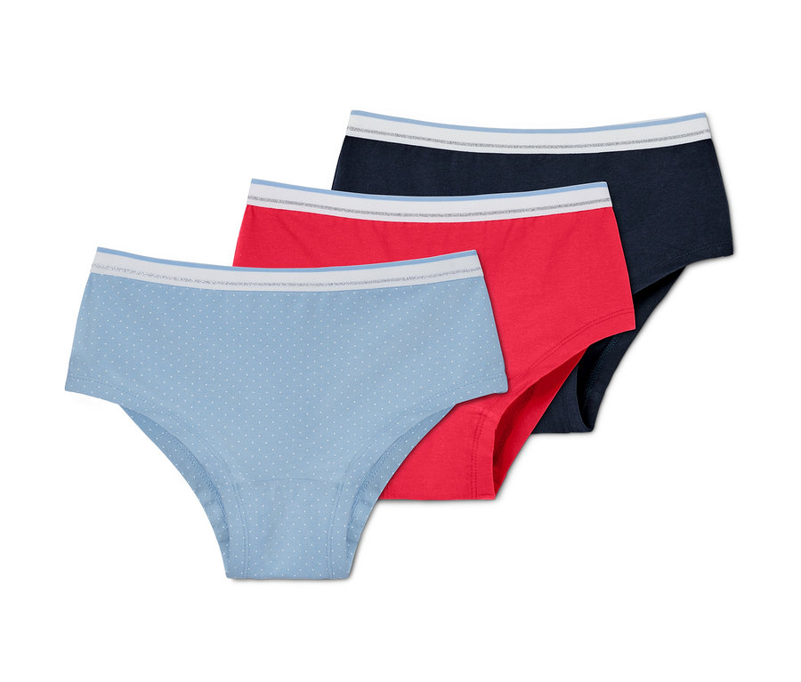 Drei Mädchen-Pantys mit Bio-Baumwolle in Blau mit Punkten, Rot und Dunkelblau.