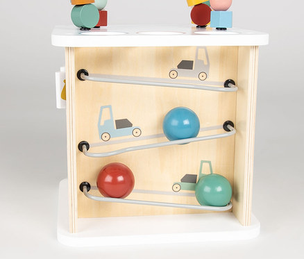 Pinolino Motorikwürfel »Sanna« mit bunten Formen oben und Kugelbahnen mit Auto-Illustrationen.