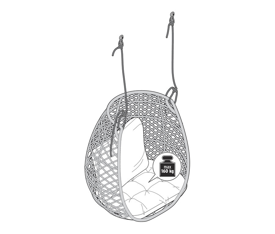 Illustration eines Hängesessels "Boho" mit maximaler Traglast von 160 kg.
