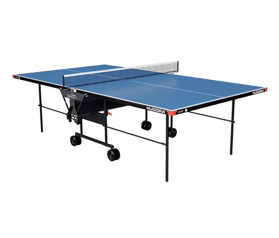 Blauer Tischtennistisch mit schwarzem Rahmen und Netz.