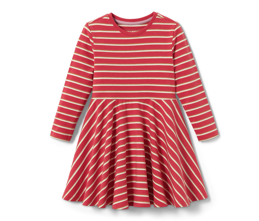 Gestreiftes Jerseykleid in Rot- und Weißtönen mit langen Ärmeln.