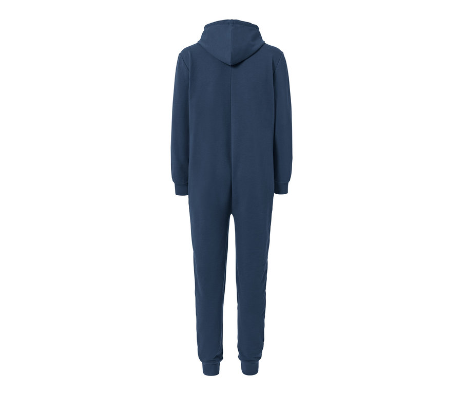 Blauer Lounge-Overall in weicher Sweat-Qualität mit Kapuze, von hinten.