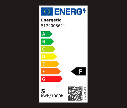 Energielabel mit Energieeffizienzklassen von A bis G, wobei das Produkt in Klasse F eingestuft ist.