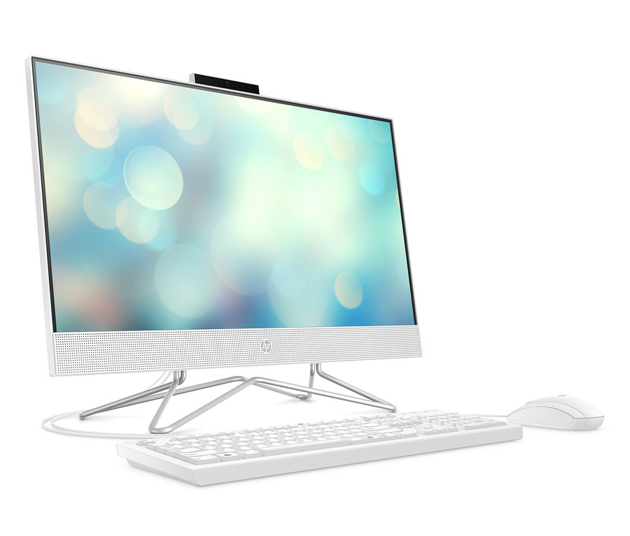 Weißer All-in-One-Computer mit Tastatur und Maus. HP 23,8" All-in-One 24-df1400ng PC.