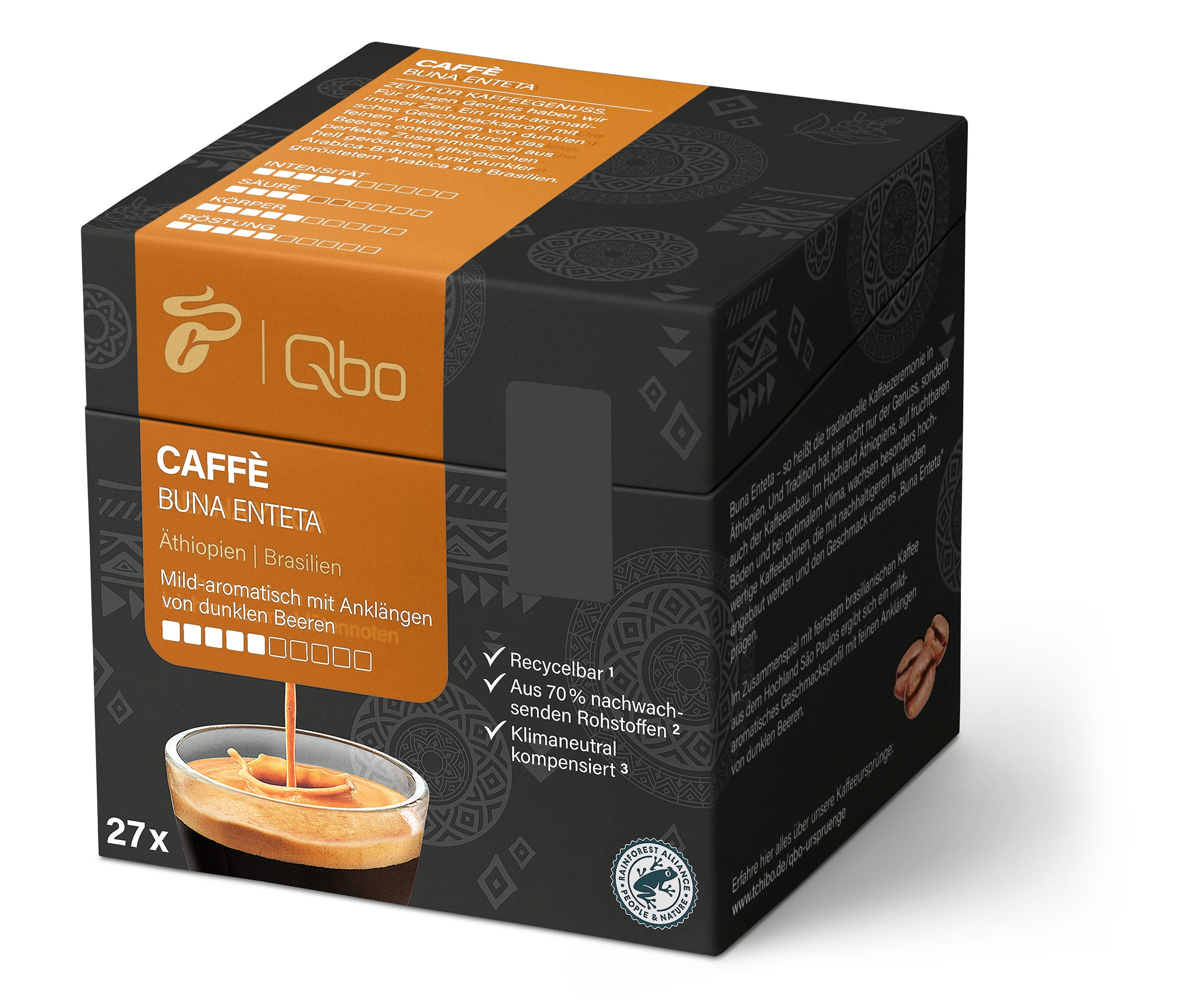 Eine Packung Qbo Caffè BUNA ENTETA mit 27 Kapseln.