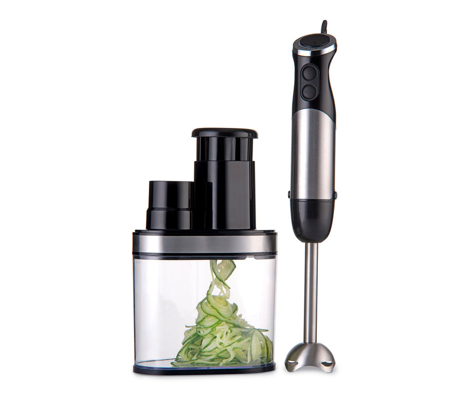 Trebs-2-in-1-Stabmixer und Spiralschneider »99337« mit geschnittenem Gemüse.