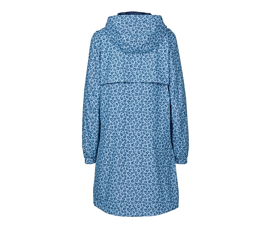 Blauer Regenmantel mit Leopardenmuster, packable.