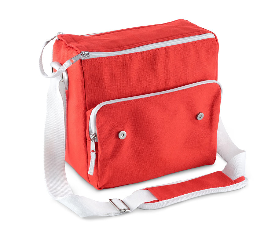 Eine rote Mini-Kühltasche mit weißem Riemen.