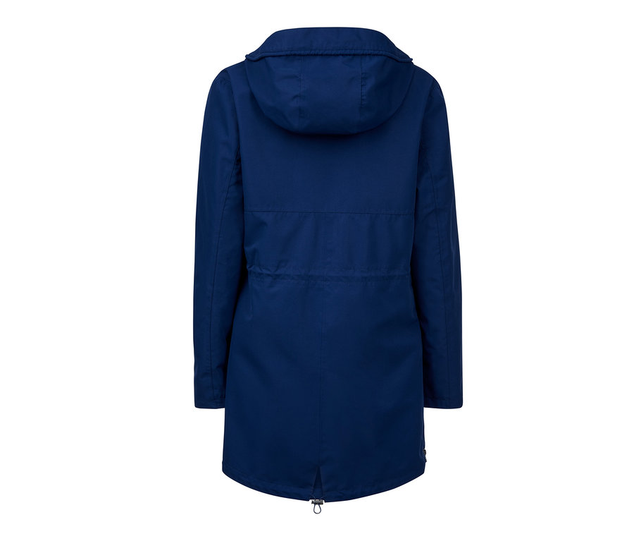 Dunkelblaue Umstands-Regenjacke von hinten.