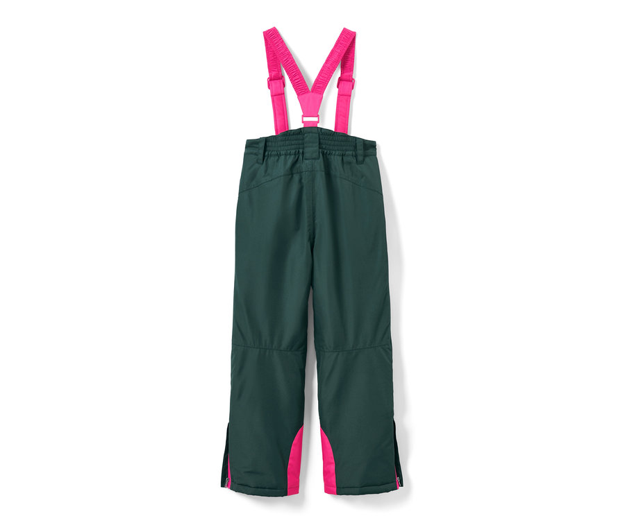 Dunkelgrüne Kinder-Skihose mit pinken Hosenträgern.