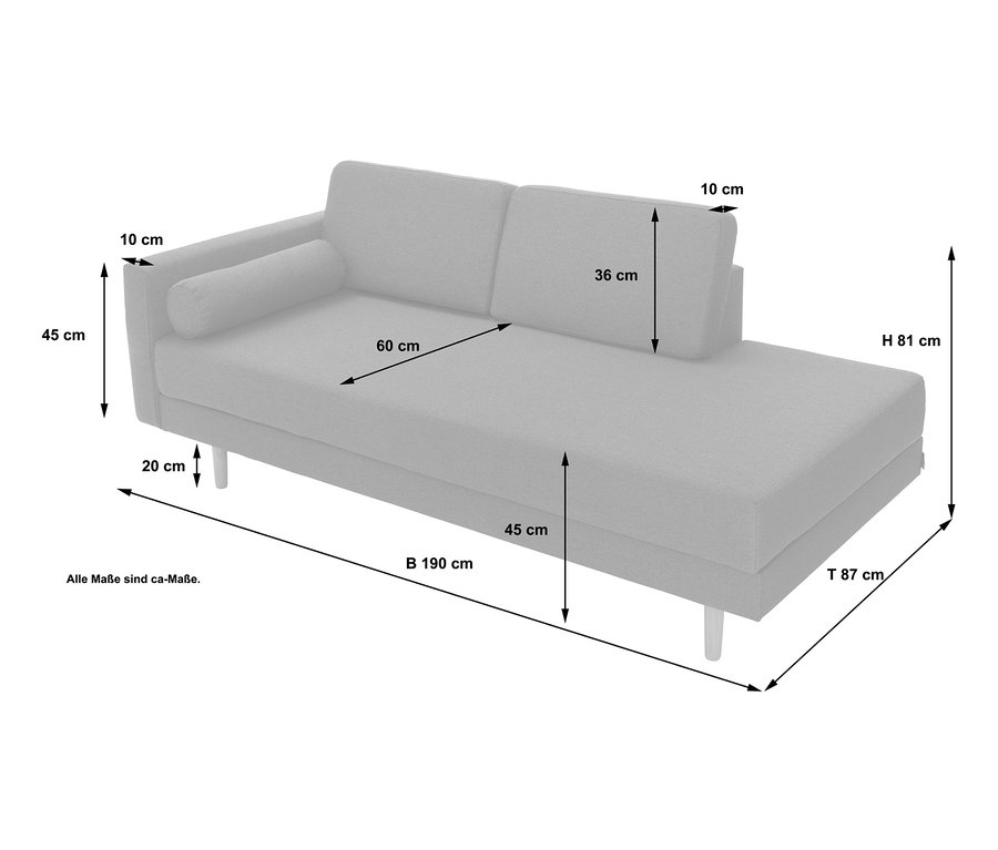 Abmessungen der beigen Cord-Recamiere »Ivo«, links.