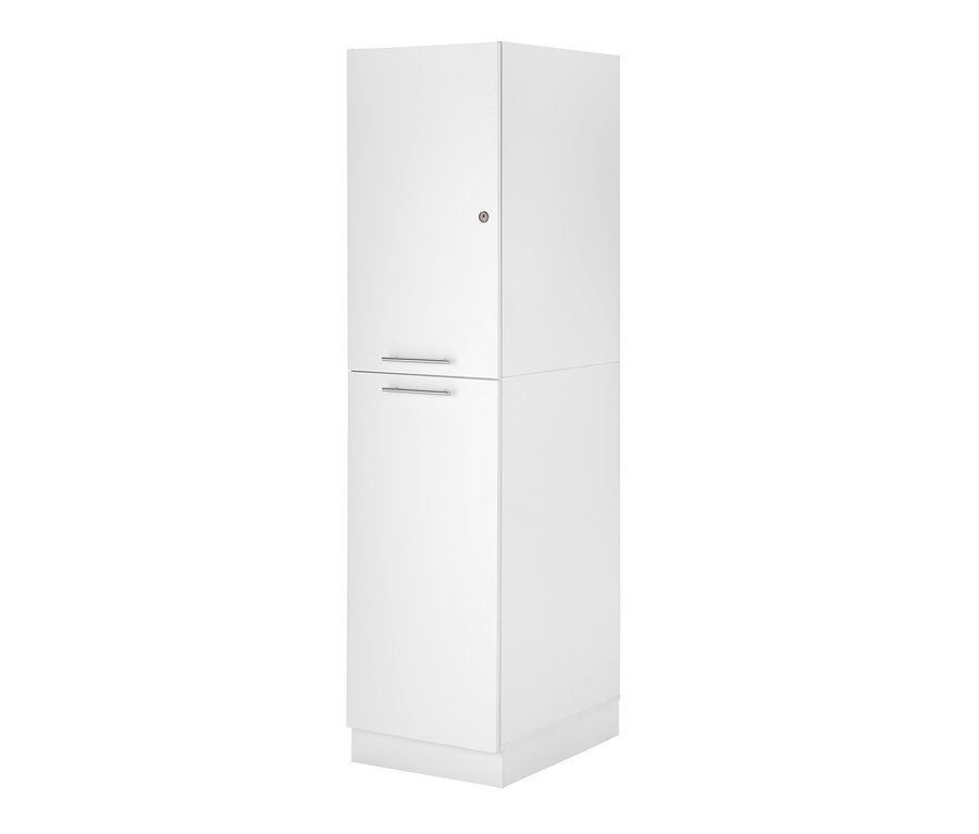 Respekta Waschmaschinenschrank und Wäscheschrank + Hochschrank in Weiß stehen nebeneinander.