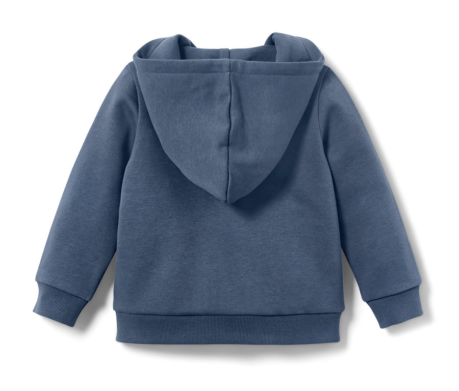 Blaues Kinder-Sweatshirt mit Kapuze und Raketen-Print auf dem Rücken.