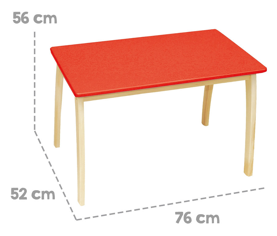 Roter roba Kindertisch mit Holzbeinen und den Maßen 56 x 52 x 76 cm.
