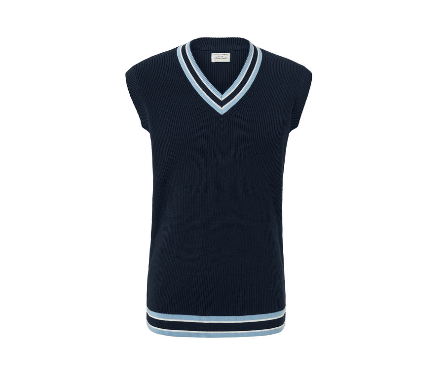 Marineblauer Pullunder mit V-Ausschnitt und blauen und weißen Streifen.