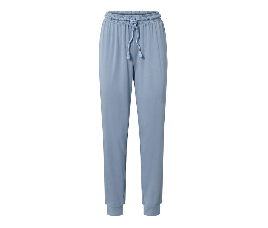 Eine blaue Pyjamahose mit Kordelzug in der Taille.