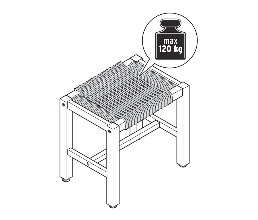 Illustration eines Hockers »Lenja« mit Textilgeflecht und dem Hinweis max. 120 kg.