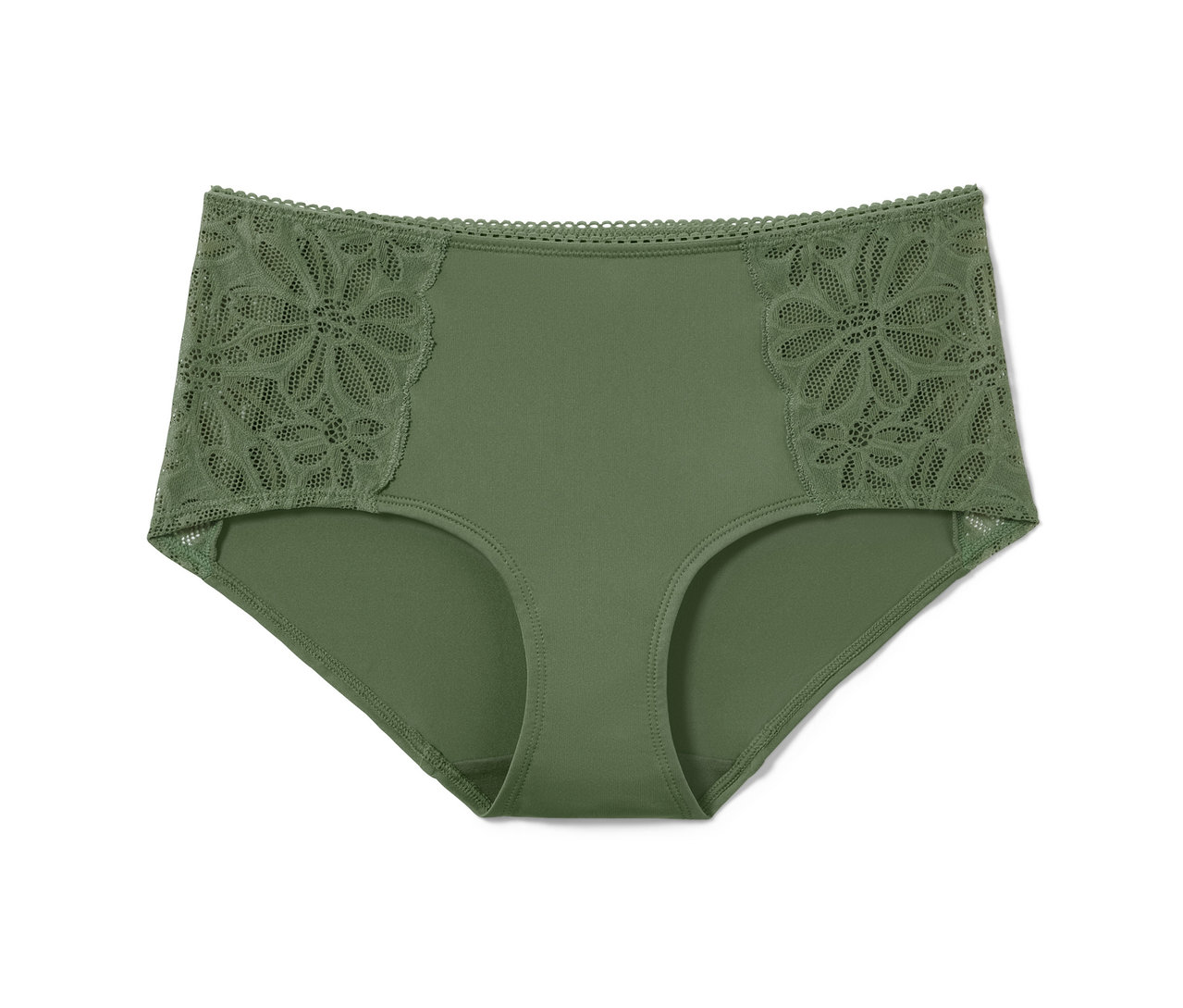 Eine olivgrüne Midrise-Panty mit Blumenspitze an den Seiten.