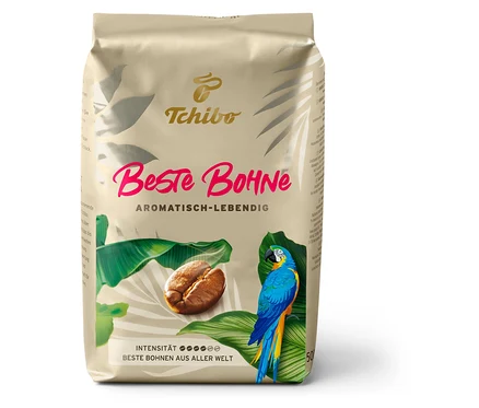 Eine Kaffeepackung mit einer Abbildung eines Papageis. 'Beste Bohne - 500 g Ganze Bohne'