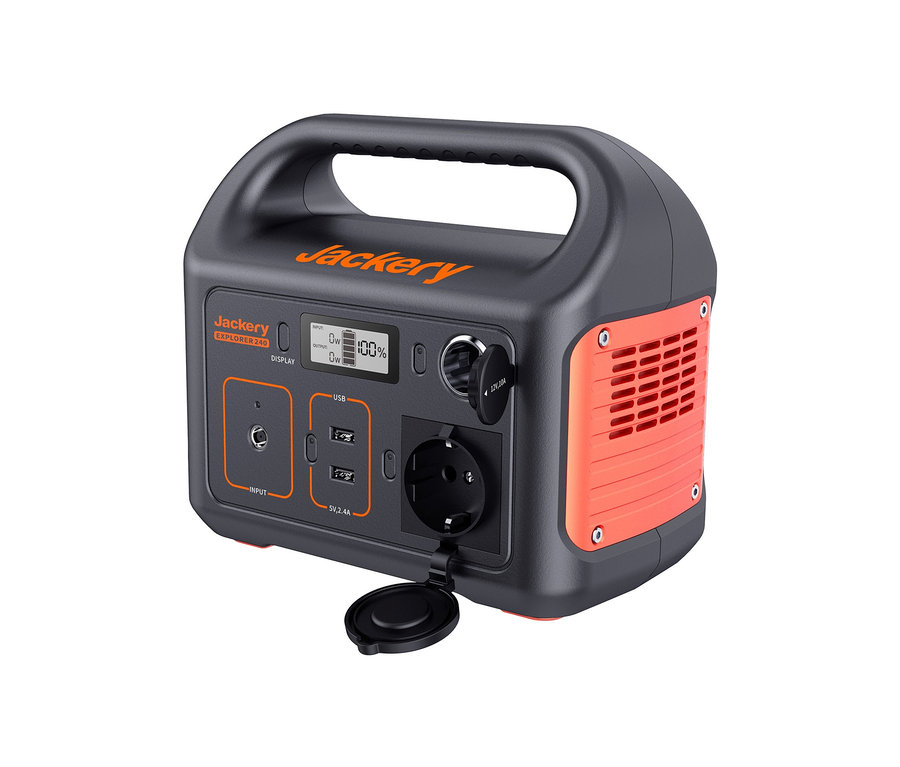 Jackery Explorer 240 mit Display, USB-Anschlüssen und orangenfarbenen Details.