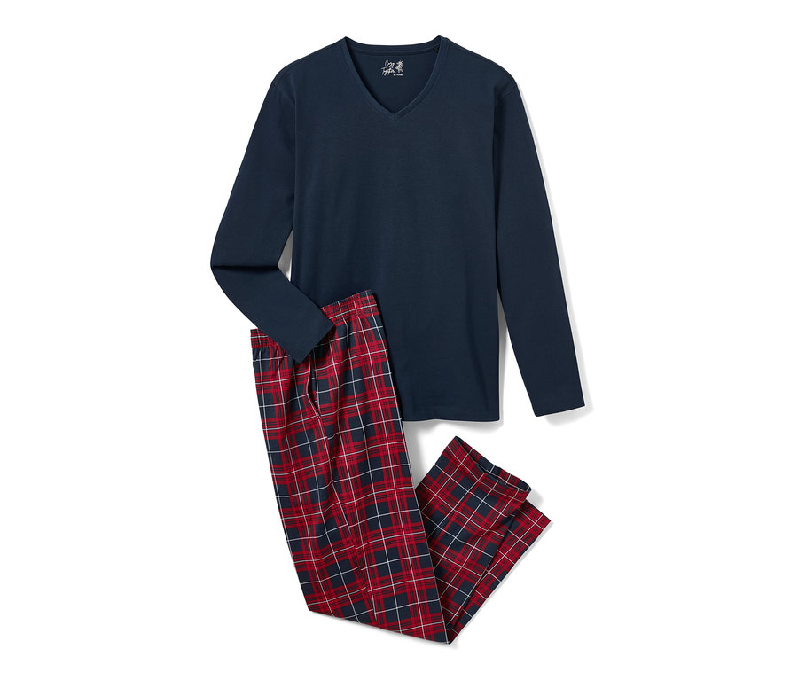 Dunkelblauer Pyjama mit karierter Hose.
