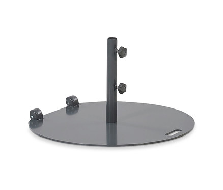 Ein flacher, grauer Leco Sonnenschirmständer, Ø ca. 60 cm, mit Rollen.