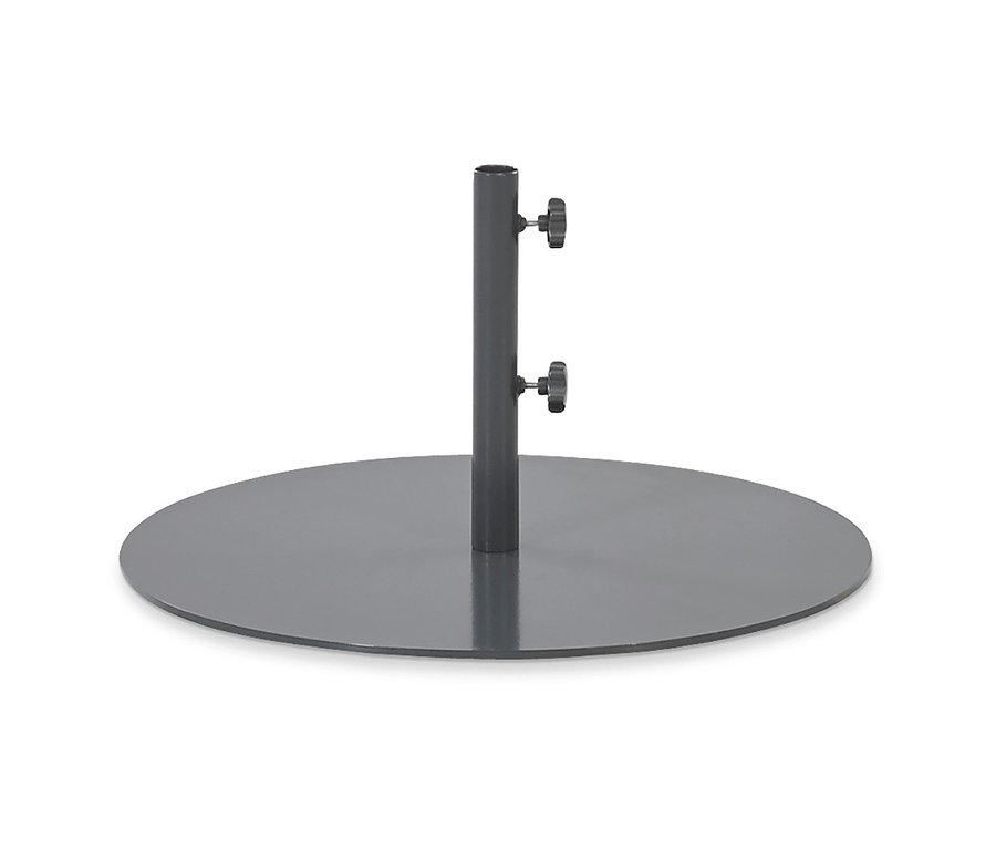 Ein grauer, flacher Leco Sonnenschirmständer mit ca. 60 cm Durchmesser, ohne Rollen.