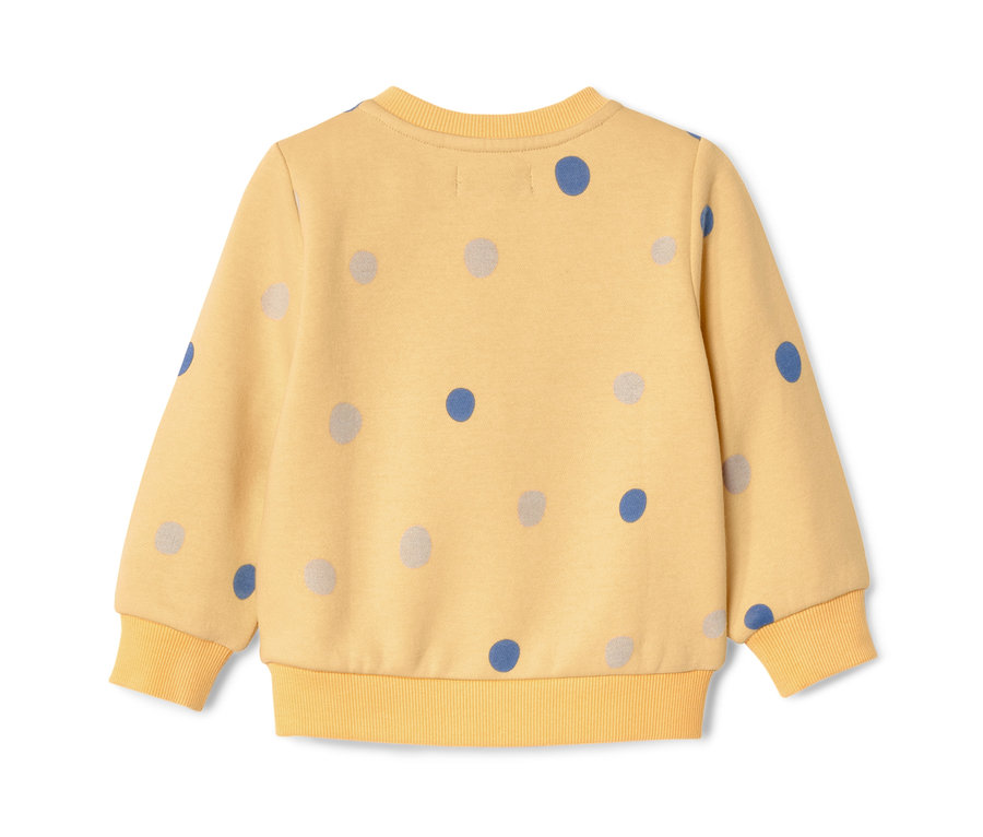 Gelbes Kleinkind-Sweatshirt mit blauen und grauen Punkten.