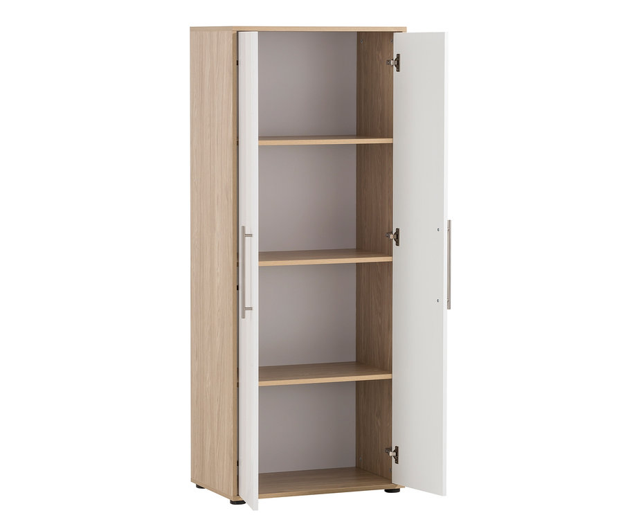 Geöffneter Aktenschrank "Antero" mit braunem Rahmen und weißen Türen.