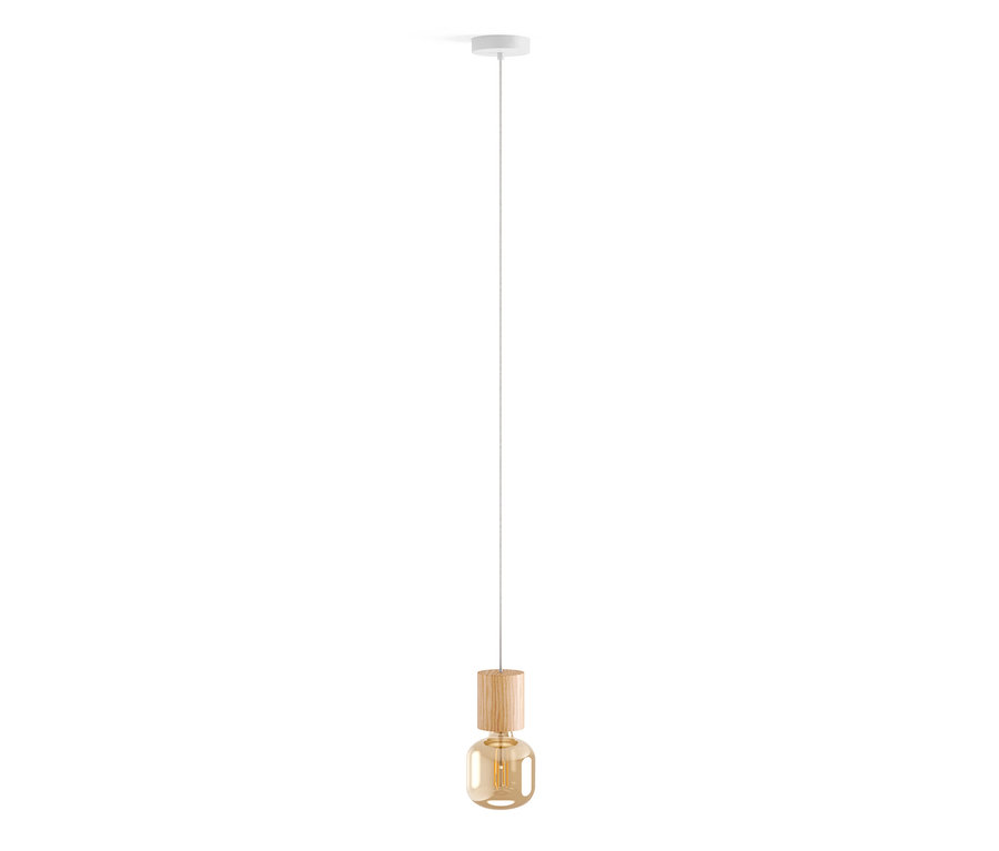 Eine Hängeleuchte aus Holz mit einem weißen Kabel.