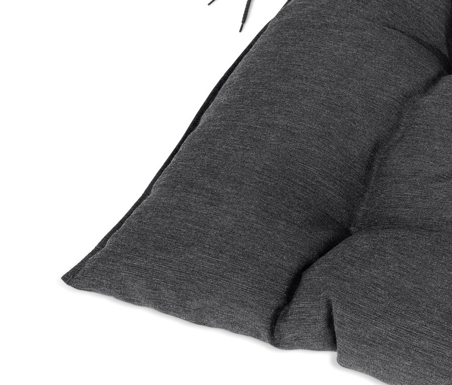 Detail einer grauen Gartenbank-Auflage, ca. 160 x 50 cm.