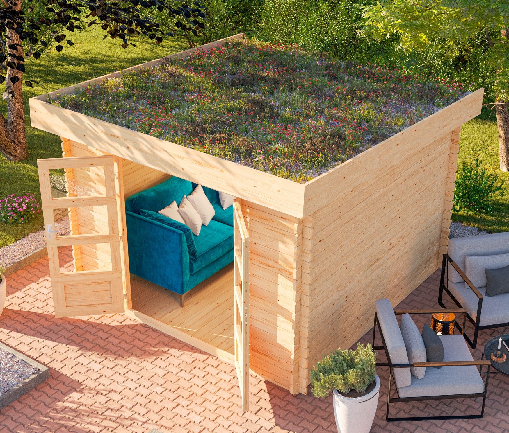 Thumbnail - Karibu Gartenhaus mit bepflanzbarem Dach - 297x237x225cm - naturfarben - Fichtenholz / Glas