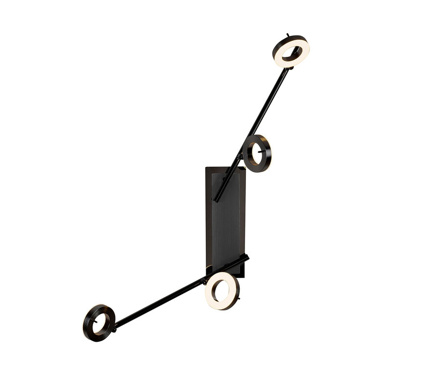 Eine schwarze Paul Neuhaus LED-Deckenleuchte »Sileda«, groß, mit kreisförmigen Lichtern an Stäben.